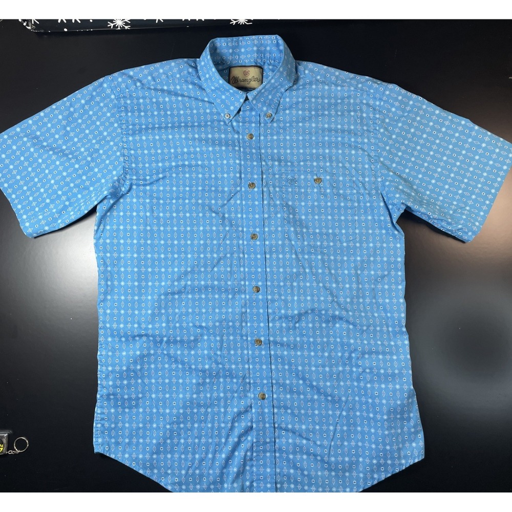 Wrangler Mens Large All Over Print Short Sleeve Button Down Western Shirt Cowboy